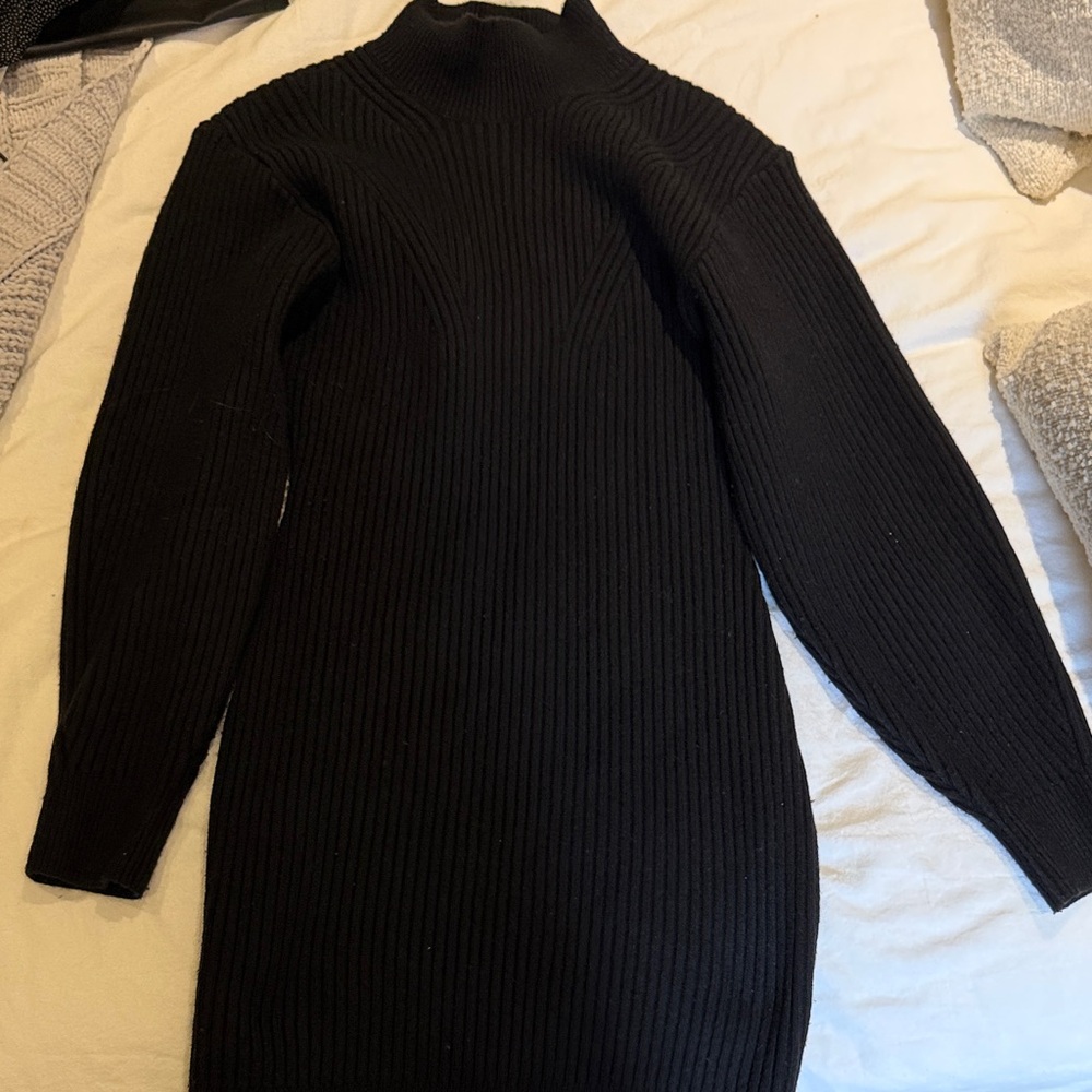 Mock Neck Black Ribbed Knit Dress